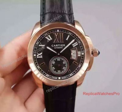 Knockoff Cartier Calibre de Cartier Rose Gold Black Dial Leather Band Watch